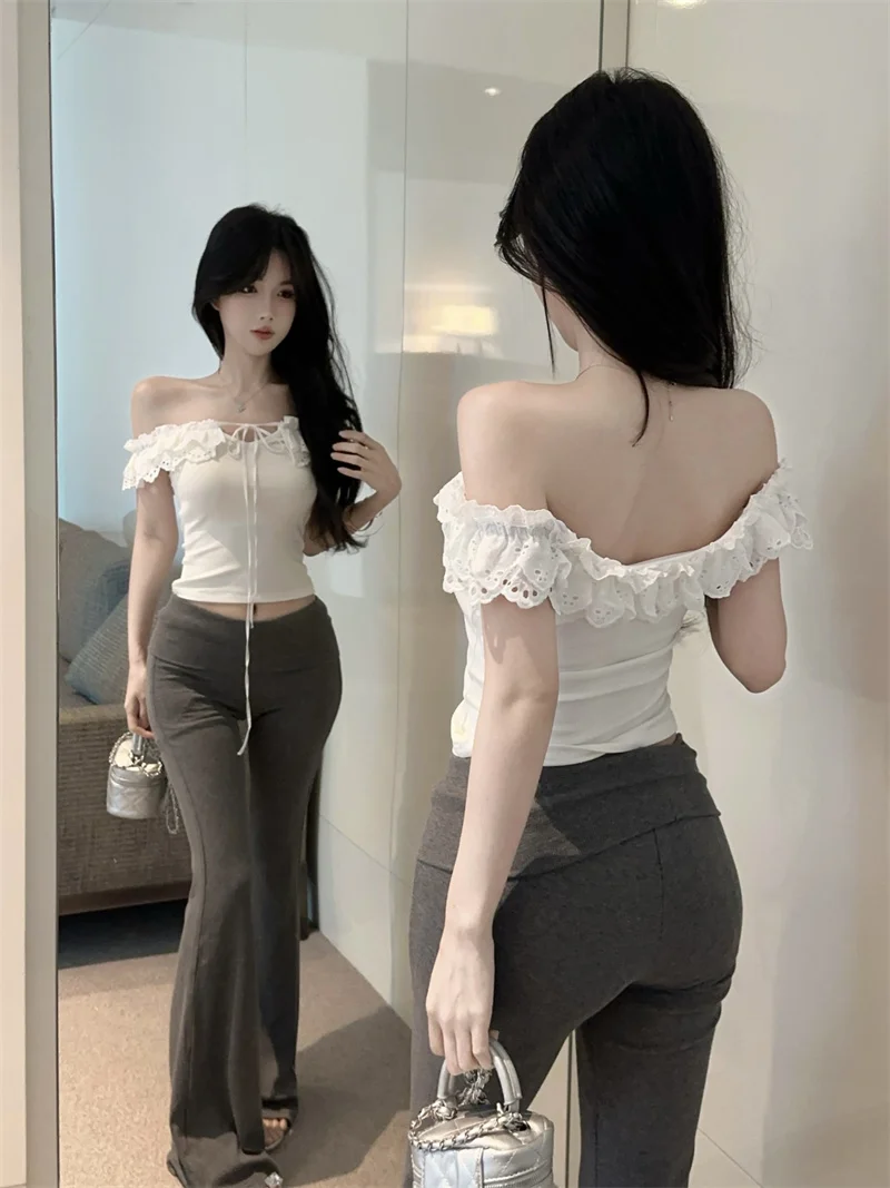 

White Lace Knot Short Sleeve Shirt Women's Summer New Design Sense Short Top Match All Styles Waist in And out