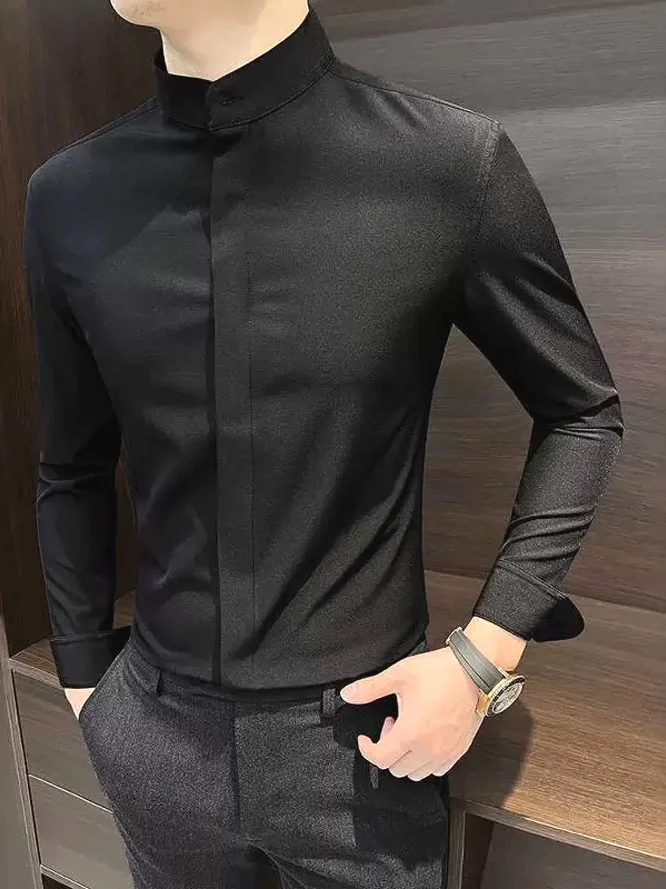 

Slim Fit Long Sleeve Shirt Men's Stand Collar Casual Business Commute Shirt ShangZhou Collar Trendy Dark Button Design Sense