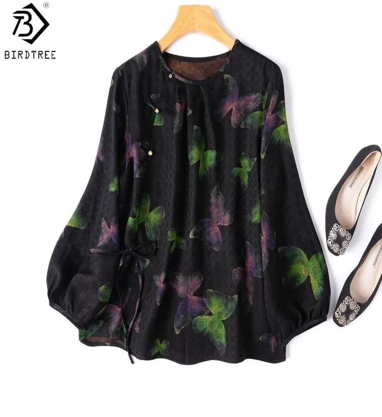 

Birdtree 24MM 100% Mulberry Silk Butterfly Print Shirt,Women Xiangyun Yarn O-neck Slant Opening Full Sleeve Black BlouseT59409JF
