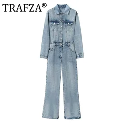 TRAFZA 2024 New Fashion Women's Denim Jumpsuit Spring Summer Jumpsuit Suit for Women Casual Chic Women Bodysuits