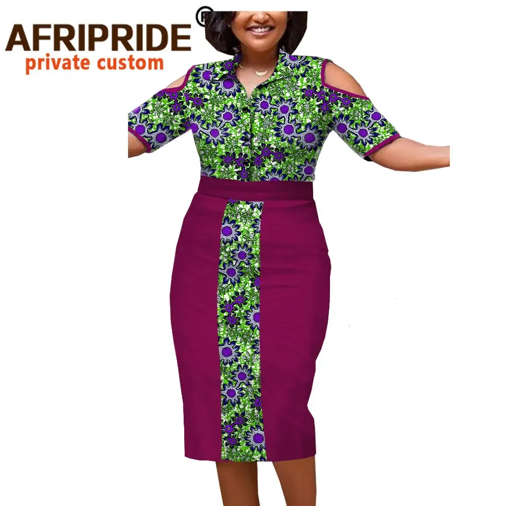 African 2 Piece Set for Women Print Shirts and Midi Skirt Suit Dashiki Outfits High Waist Crop Top Women Blouse Wear A1826029