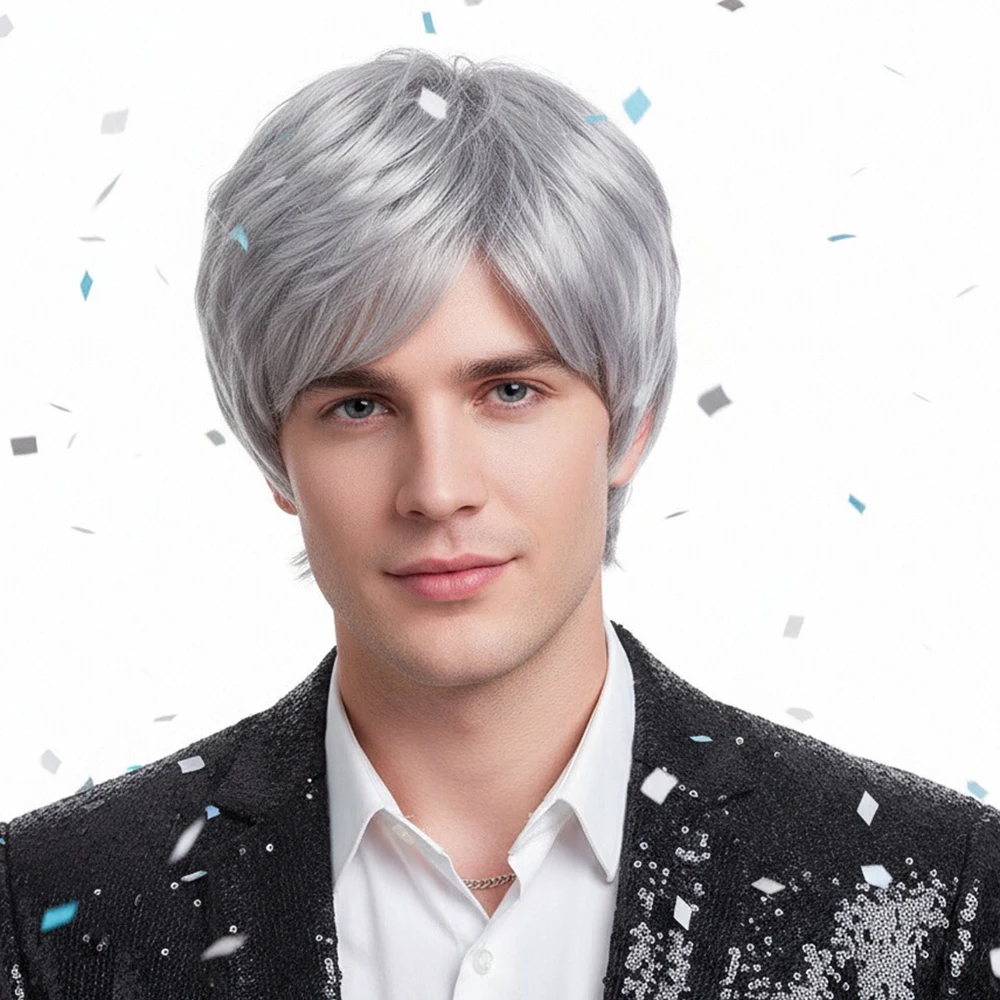 

MSIWIGS Короткий серебристо-серый парик Мужские синтетические волосы Парики для пожилых людей Прямые для состаренного белого цвета