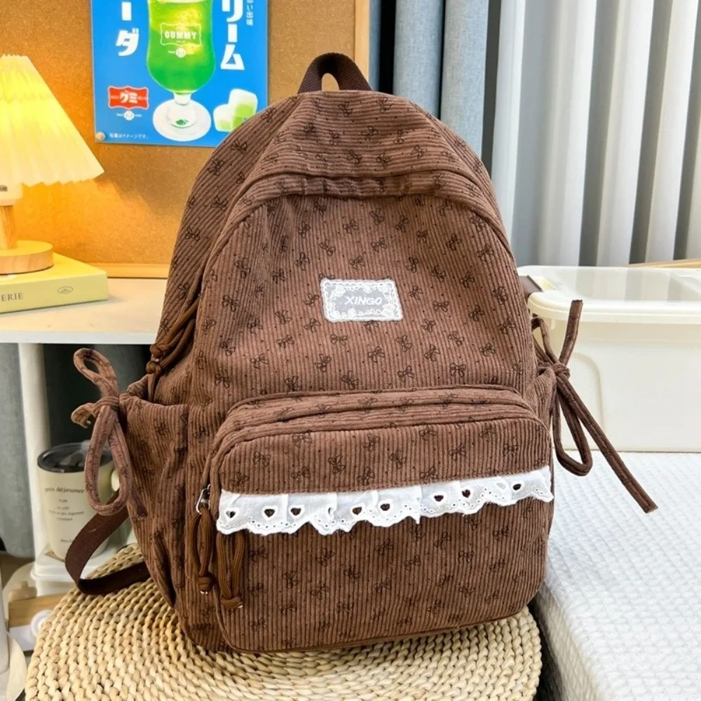 Cute Korean Style Corduroy Backpack Preppy Style Bow Knot Polka Dot Pattern School Bag Large Capacity Lace Edge Student Backpack