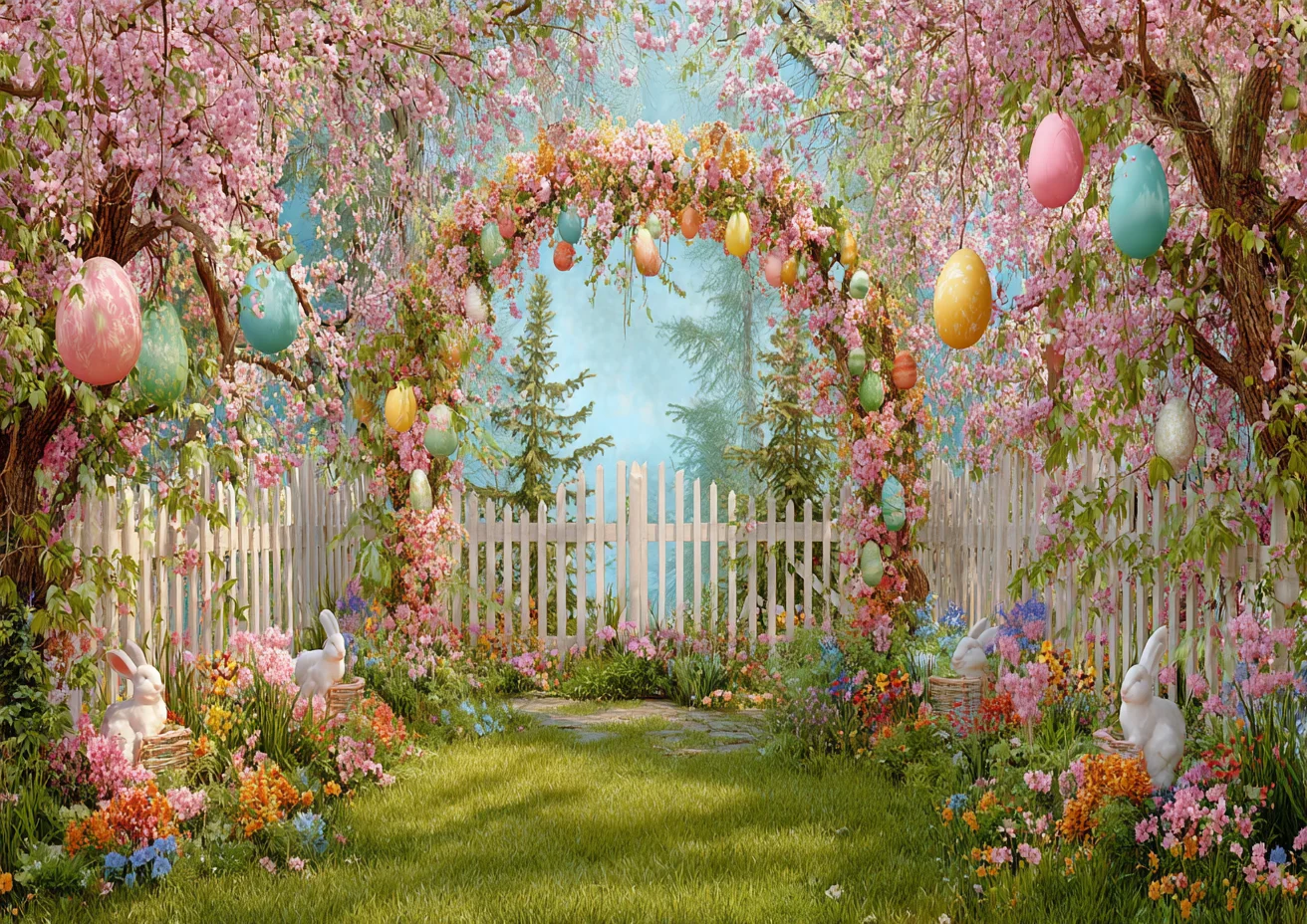 Spring Easter Backdrop Pink Flowers Fence Easter Colorful Eggs Green Lawn Natural Scenery Photography Background Photo Studio