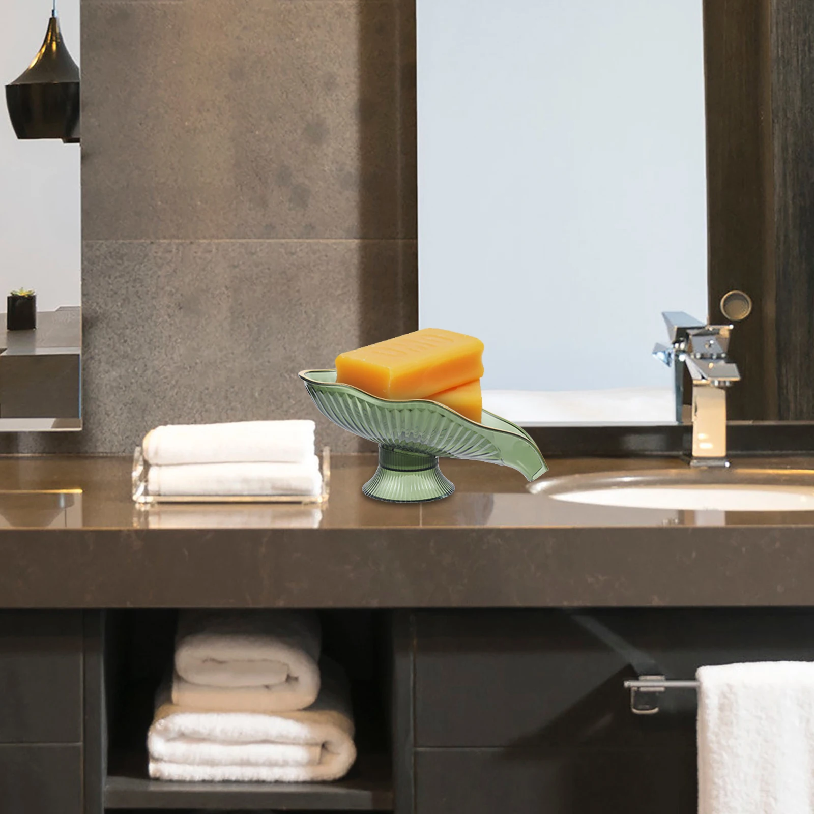 

Cute Lotus Leaf Shaped Soap Dish Self Draining Plastic Holder for Shower Bathroom Vanity Jewelry Storage Plate Compact Soap