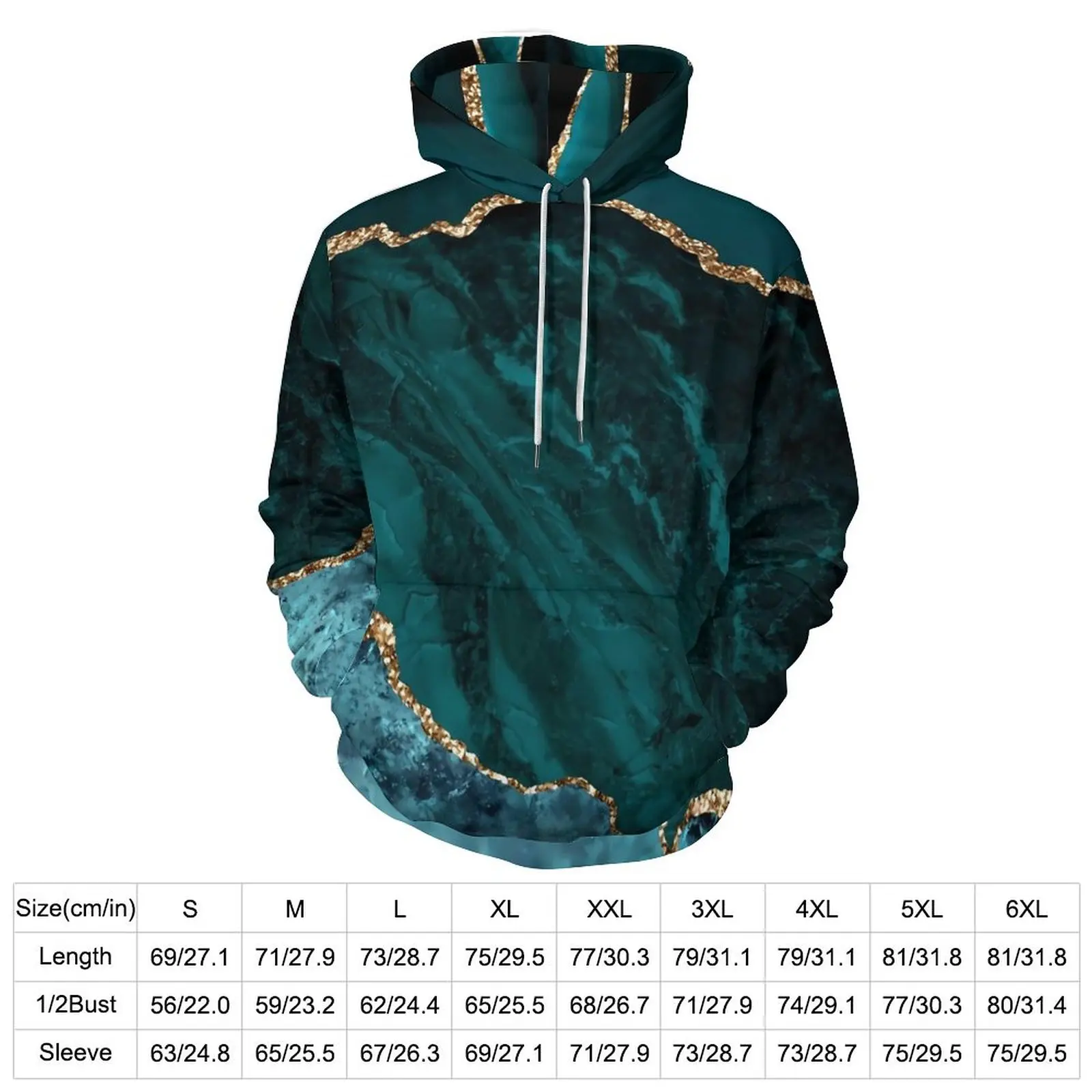 Gold Marble Casual Hoodies Blue and Green Classic Hoodie Man Long-Sleeve Kawaii Design Clothing Large Size