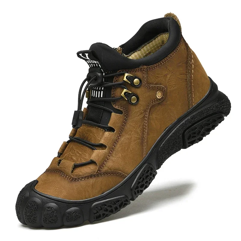 Genuine Leather Winter Boots Men Waterproof Plush Warm Snow Ankle Boots Outdoor Non-slip Hiking Men's Shoes Four Seasons