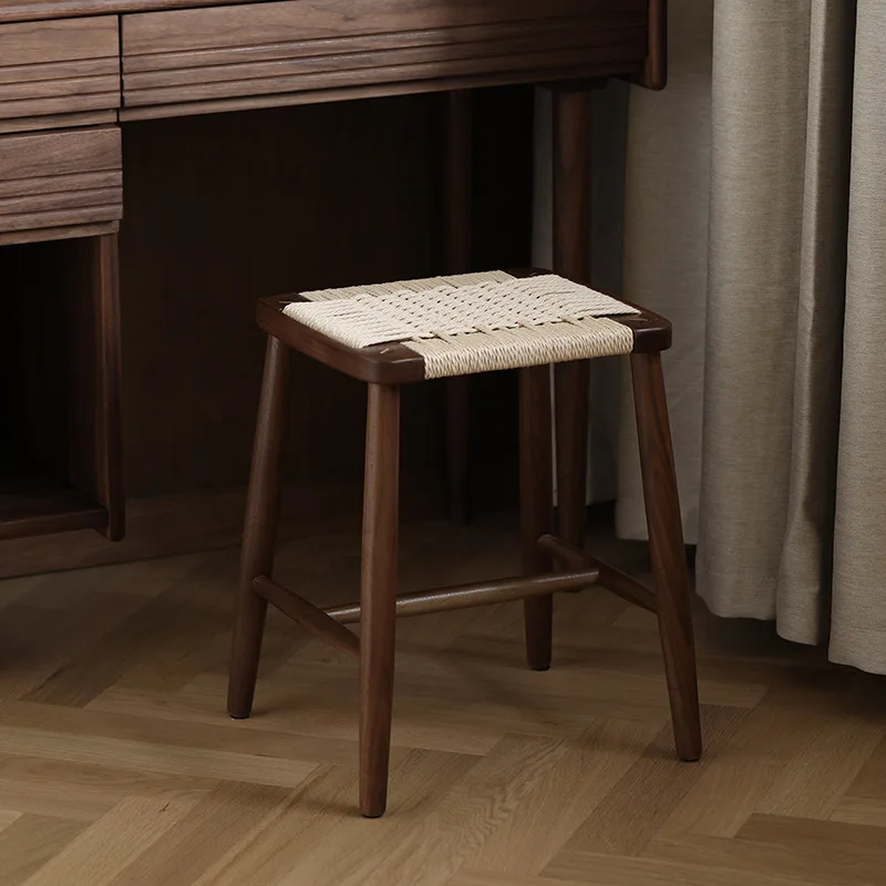 

Braided square stool, black walnut dressing stool, solid wood weaving, all solid wood bench