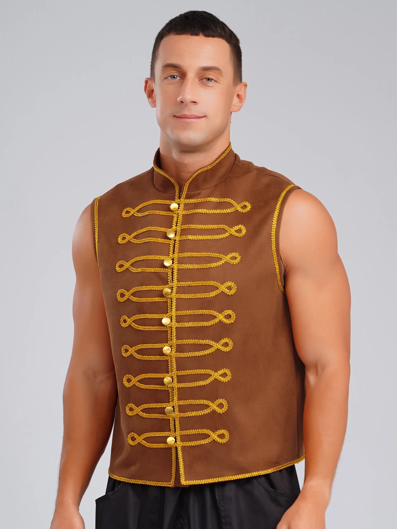 Mannen Middeleeuwse Prins Kostuum Punk Kostuum Stand Kraag Mouwloos Goud Trimmen Gouden Knoppen Retro Vest Tops Halloween Kostuum - afbeelding 2