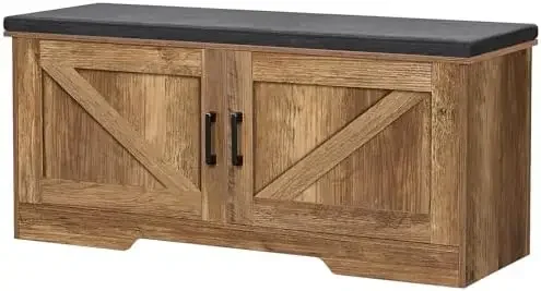 Storage Bench, Shoe Bench with Padded Seat Cushion, Entryway Bench with Barn Doors,Adjustable Shelf Living Room,Bedroom,Greige