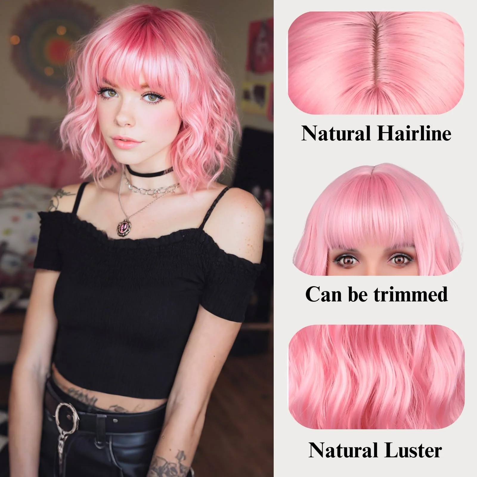 Pink Short Wavy Curl Synthetic Wig - Halloween Party Cosplay Role-Playing Wig - Daily High-Temperature Synthetic Hair Cap