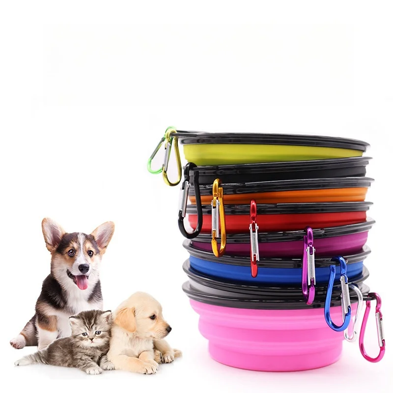 Outdoor Portable Pet Folding Food Water Bowl Dish Feeder Camping Travel Silicone Feeders Hanging Hook Dog Cat Pet Accessories