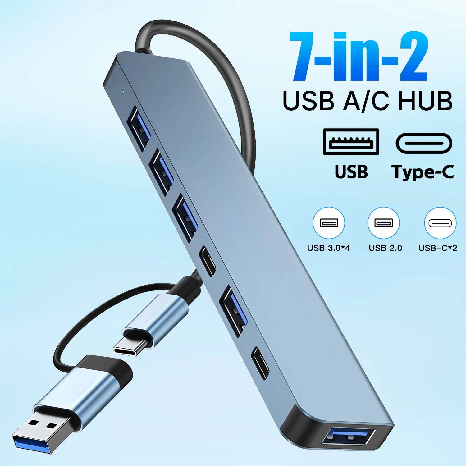 

7 Ports 2-in-1 USB 3.0 HUB Type-c Adapter Splitter Dock Multiport USB 2.0 High Speed Transmission Expander For PC Computer
