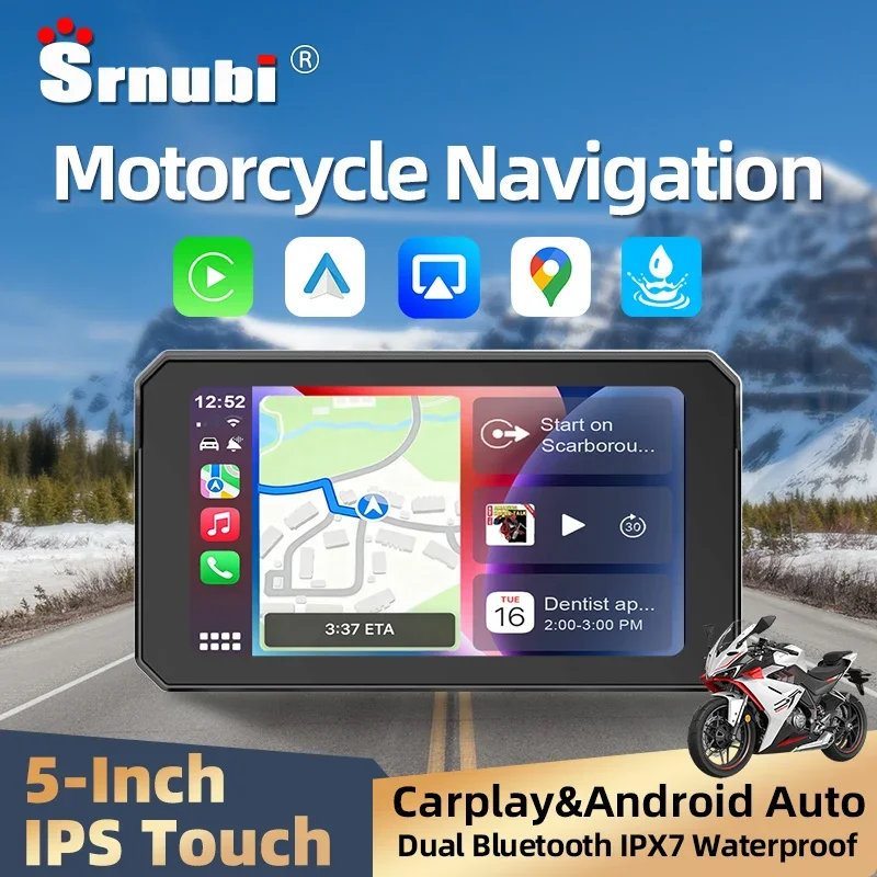 

Srnubi 5'' inch Motorcycle Carplay Navigation GPS Android Auto Motor IPS Screen IP67 Easy to Install Universal