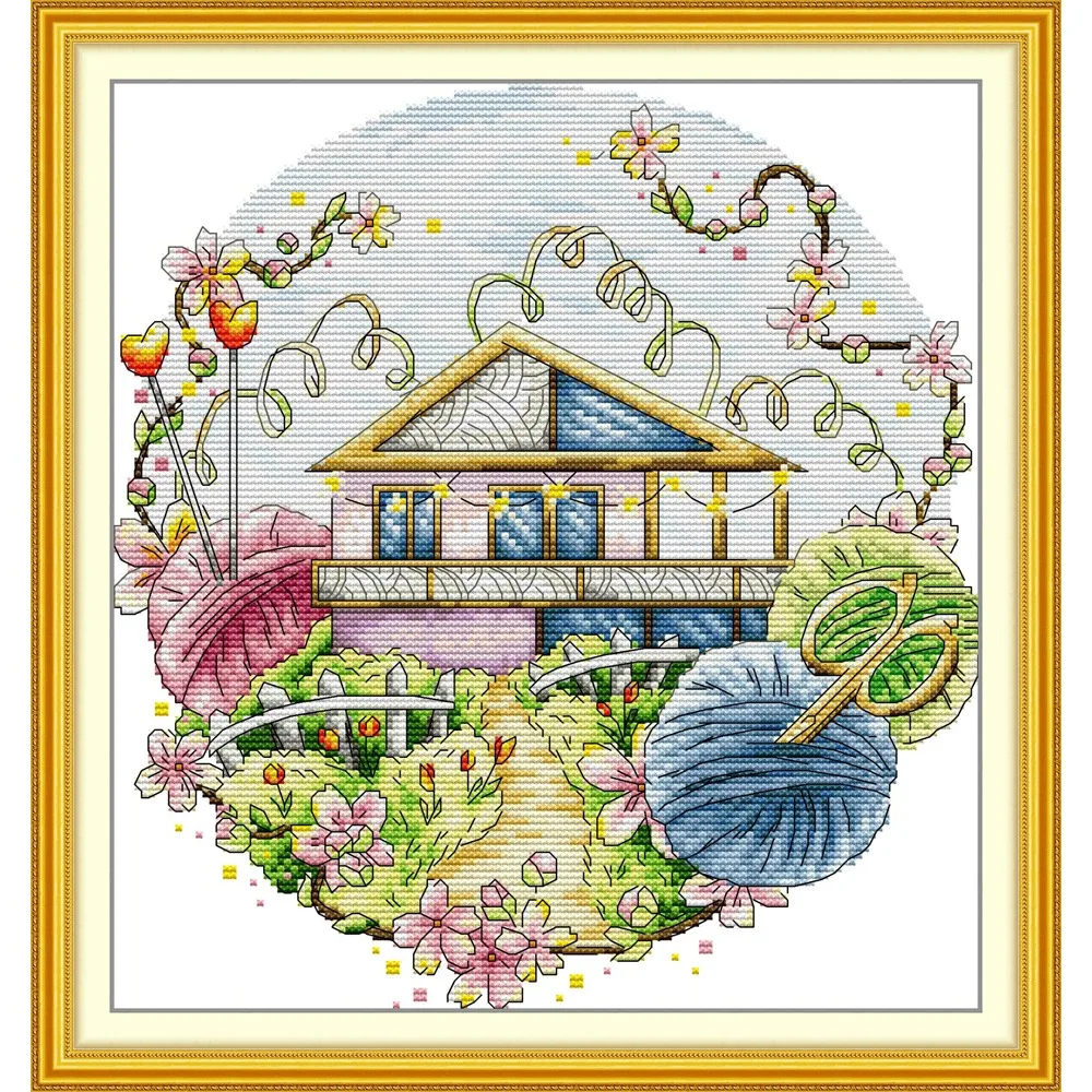 Joy Sunday News Pre-Printed Cross Stitch Kit, Stamped Aida Fabric with DMC Threads, Embroidery Kit - A Spring Yarn Cottage