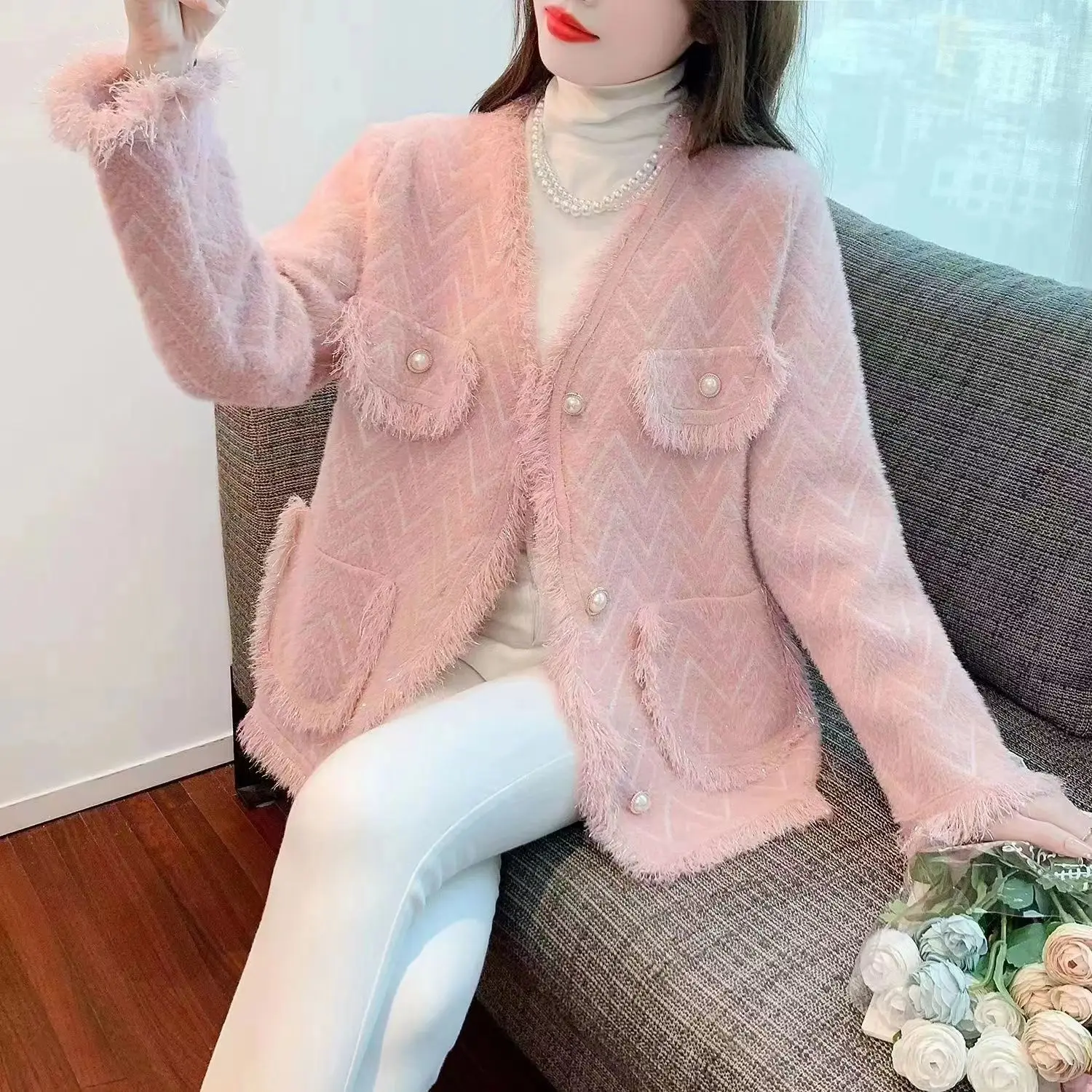 Frauen Herbst und Winter Neue Farbe Kollision Hong Kong Stil Nische High-end-Lose Pullover Strickjacke