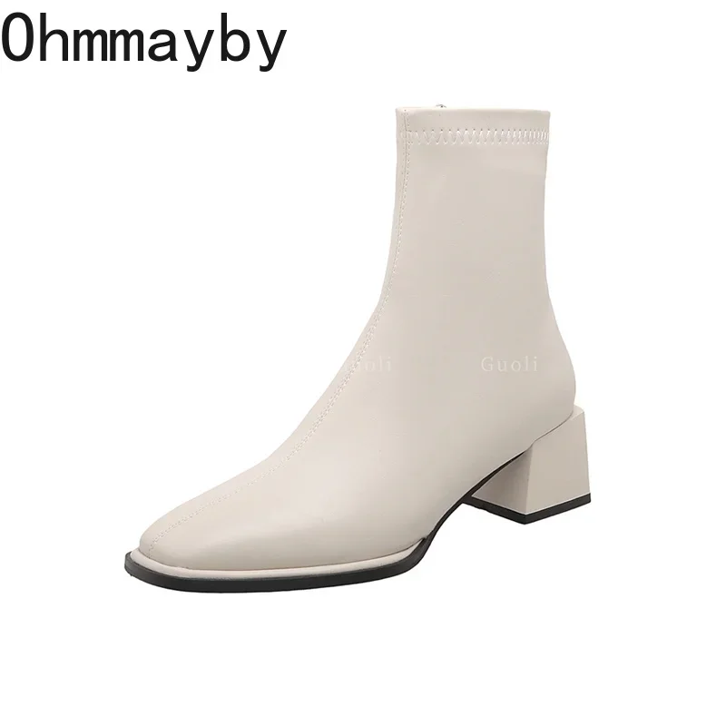 High Quality Soft PU Leather Women Ankle Boots Square Toe Square Heel Short Boots 2024 Autumn Winter Women Shoes Chelsea Boots