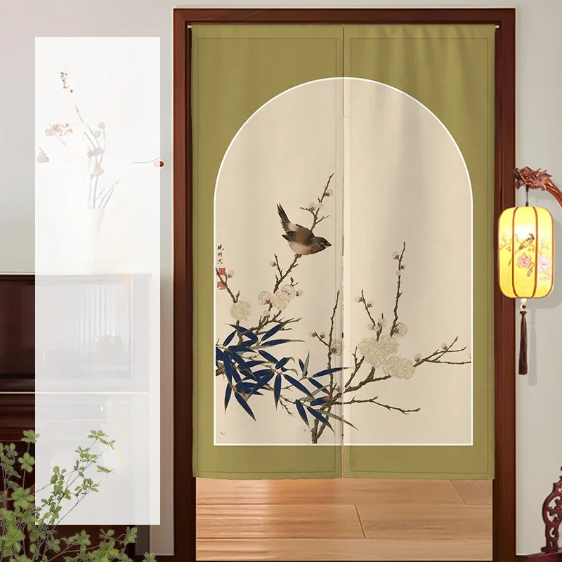 Chinese Style Door Curtain Ink Bamboo Flowers Birds Lotus Cloth Curtain Restaurant Private Room Bathroom Feng Shui Curtain