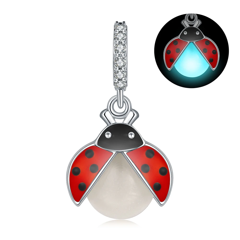 925 Sterling Silver Glow-in-the-dark Ladybug Beads Luminous Charm Fit European Bracelet/Necklace Jewelry For Women Friend Gift