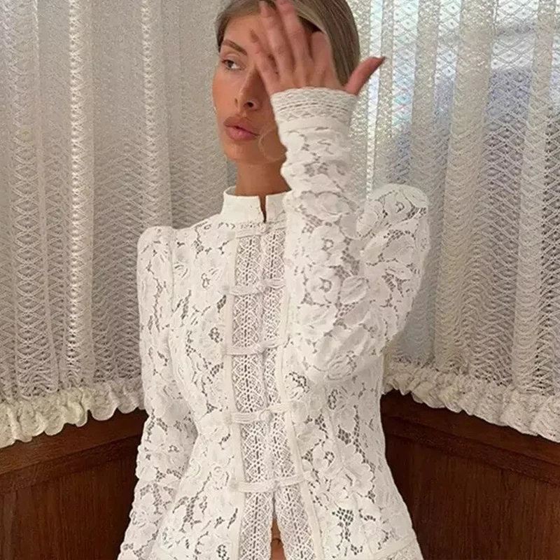 Women's Shirt 2025 New Fashion Long Sleeve Waist-Cinching Lace Crochet Stand Collar Shirt Shirt for Women Vintage Chic Women Top