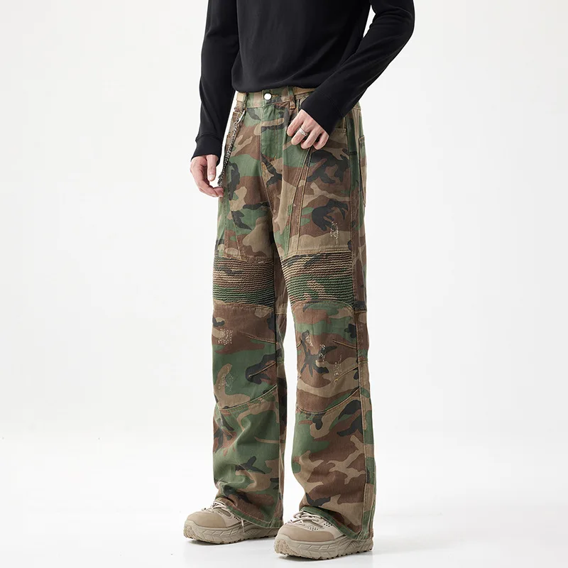 American Style High Street New Fashion Men Camouflage Wide Leg Straight Simple Basic Casual Trendy Daily Cargo Denim Trousers