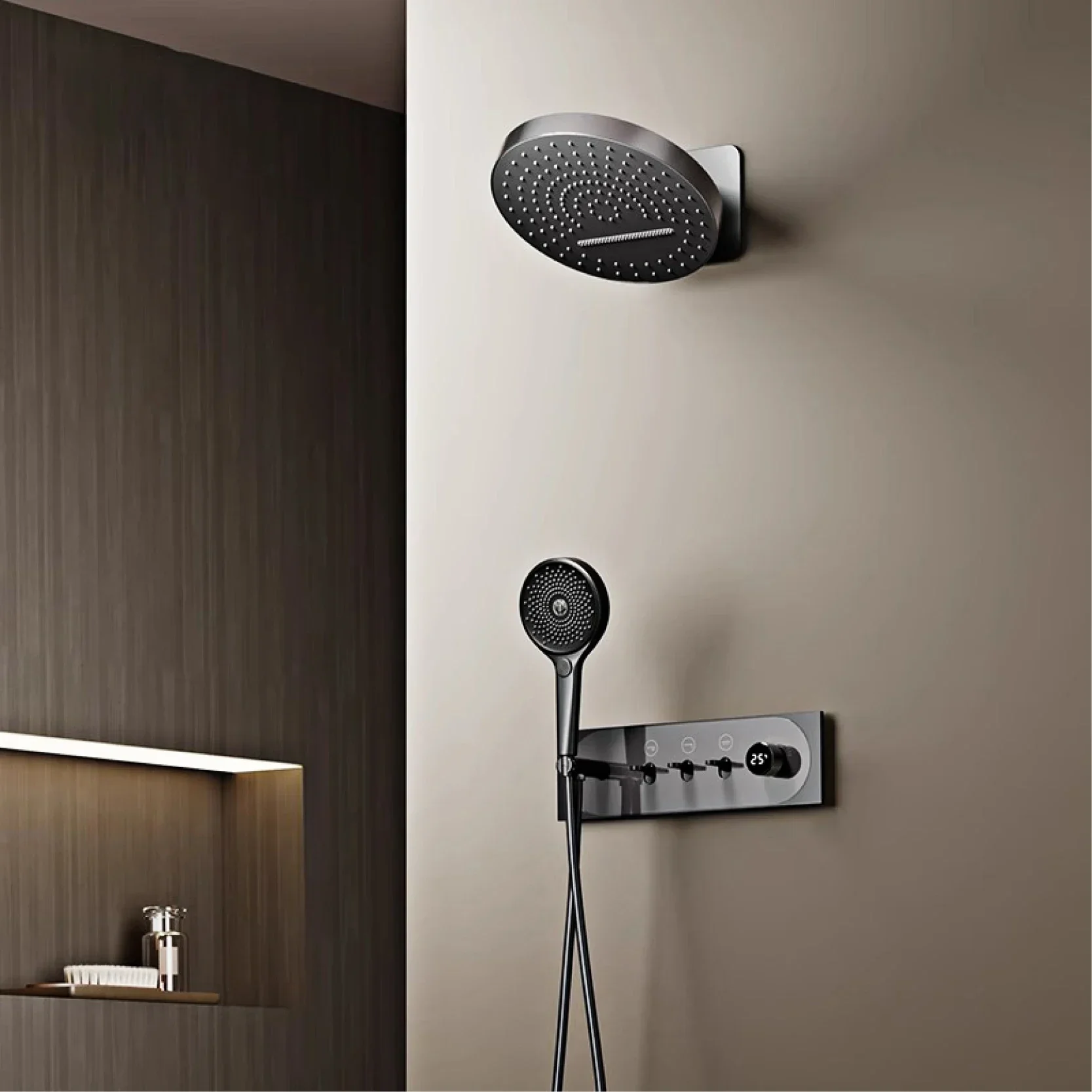 luxury Wall-Mounted Rainfall Black shower system with LED Display 3 Spray Modes Brass Anti-Scald Easy Install Bathroom shower