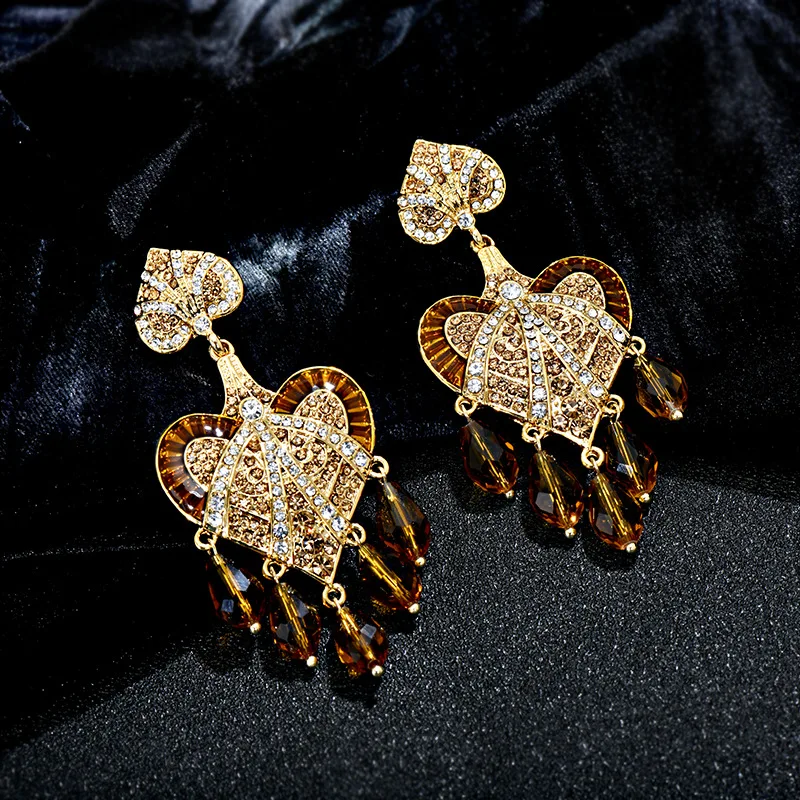 Light Luxury Fully Jeweled Loving Heart Long Tassel Crystal Earrings Fashion Exaggerated Dynamic Crystal Love Enamel Shoulder Sw