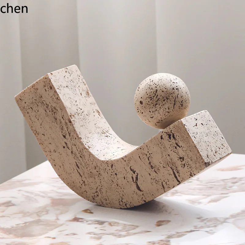 H1 faux travertine geometric decorative piece for model homes, minimalist homestay soft furnishings, and sample room decor