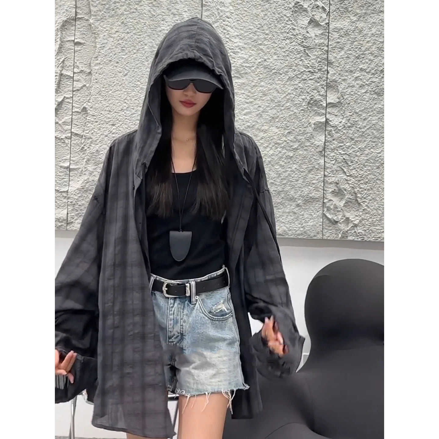 

American Plaid Hooded Sun Protection irt Long Sve ex Summer Lazy Sle Couple Outerwear Breathable Lightweight