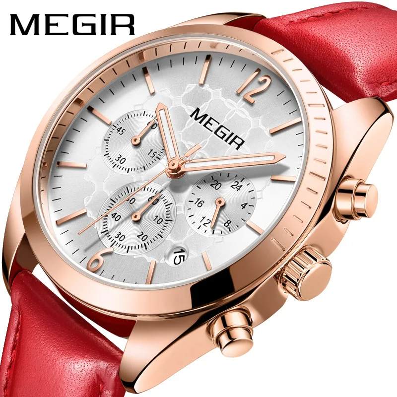 MEGIR 2115 Orologi al quarzo da donna Tempo libero Cronografo semplice Display analogico Cinturino in pelle rosa rossa per orologio da donna regalo
