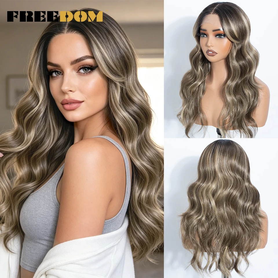 FREEDOM 6X4 Synthetic Lace Front Wigs For Women Highlight Ash Blonde Brown Body Wave Wig With Bangs Heat Resistant Daily Wig