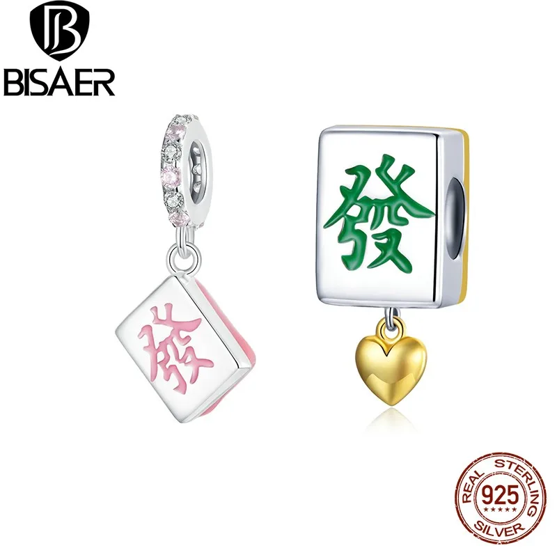 BISAER 100% 925 Sterling Silver Pink Prosperity Charms Beads Mahjong Pendant for Lucky Woman DIY Bracelets Jewelry ECC2718