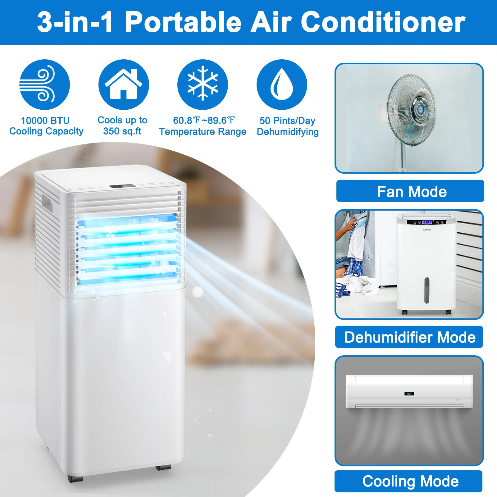 10000 BTU Portable Air Conditioner 3-in-1 Air Cooler w/Dehumidifier & Fan Mode