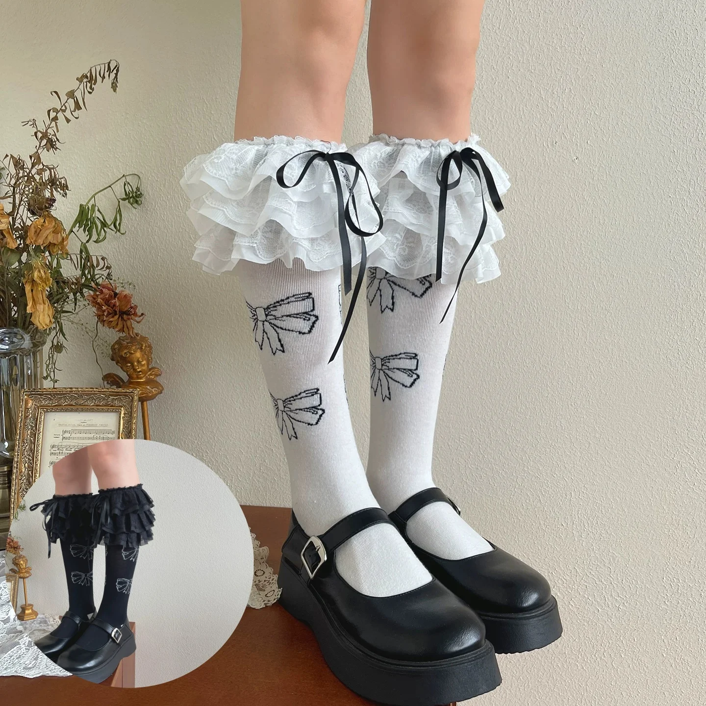 New Handmade KC Lace Bow Print Multi-layer Socks Sweet Girl Lace Large Ruffle Socks Lolita Mid-calf Slouch Socks