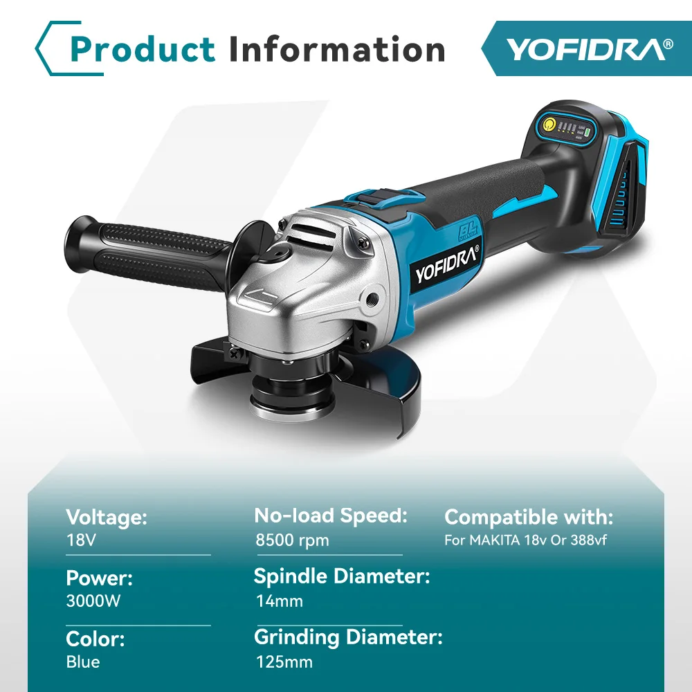 YOFIDRA 3000W 125MM Brushless Electric Angle Grinder M14 Grinder Polishing Cutting Machine Power Tool For Makita Battery Pin