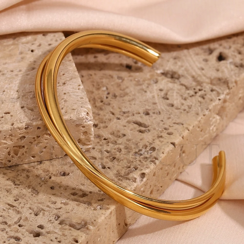 NEW 316L Stainless Steel Trendy 2 Color Cross Double Line Cuff Bangles 18k Gold Plating Bangle Statement Charm Texture Jewelry