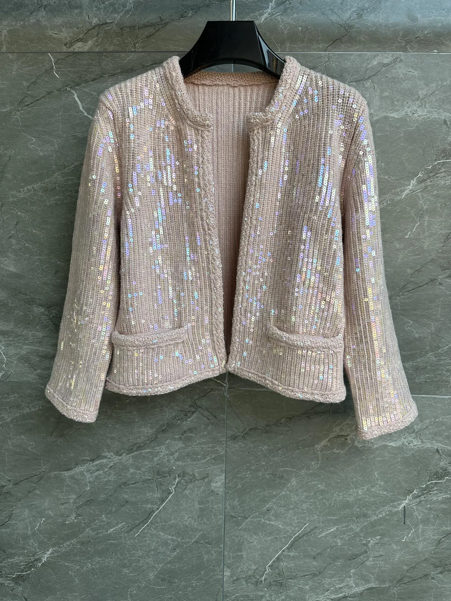 

Women's Clothing pink sequined cardigan comfortable warm with a short textured versionAutumn Winter New