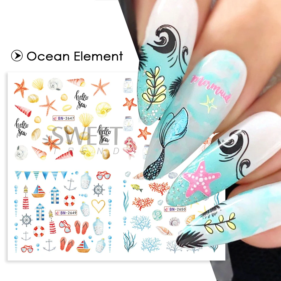 ฤดูร้อนที่มีสีสัน Conch ปลาดาวเล็บสติกเกอร์น้ํา Blue Ocean Theme Marine Life Design DIY แมงกะพรุนเล็บ Watermark Sliders