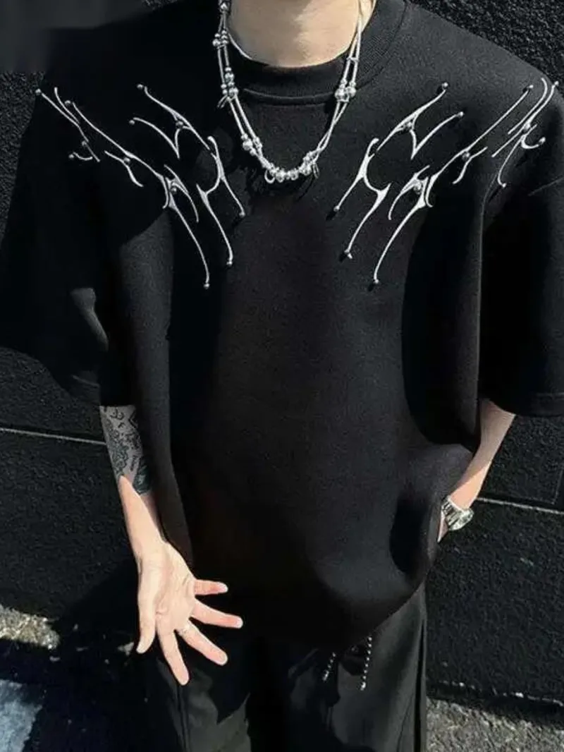 Men's T-shirts Short Sleeve New Krorean Fashion Embroidery Nail Pad Shoulder Decoration  Male Pullover Top 9WFAC5