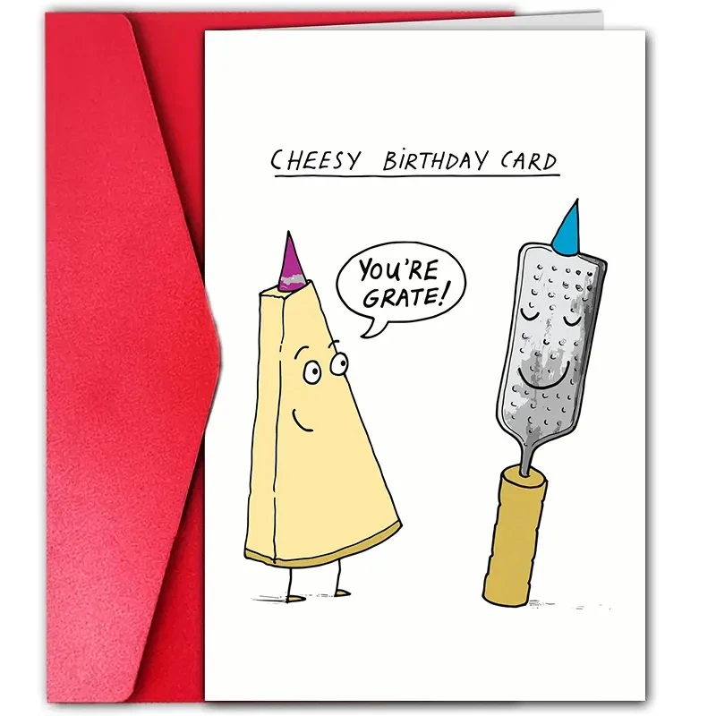 1 pc fun birthday card with a cute comic cheese pattern. The perfect gift for your partner\'s family, colleagues and friends.