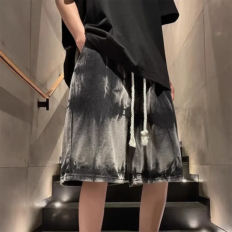 Immagine 4: Pantaloncini in denim tie-dye vintage alla moda da uomo, stile americano estivo, nuovi, casual, con coulisse, a gamba dritta, al ginocchio