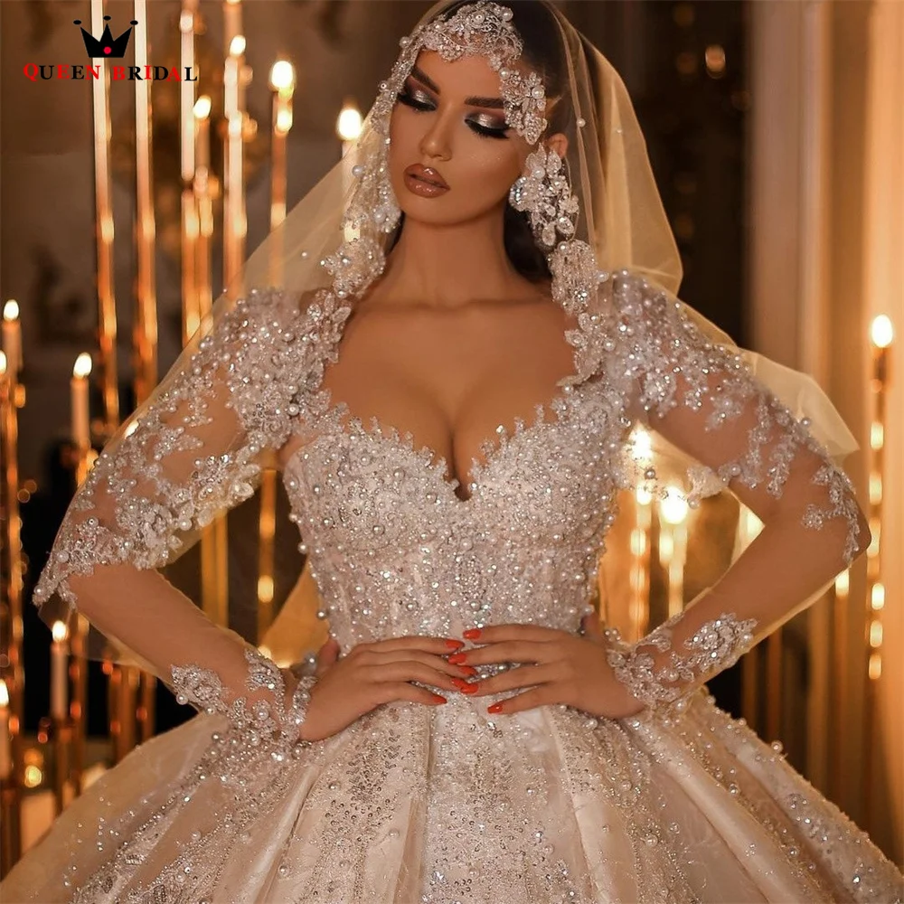 Luxury Ball Gown Puffy Weddding Dresses Long Sleeve Tulle Lace Beading Crystal Pearls 2023 New Formal Muslim Bridal Gowns SF28