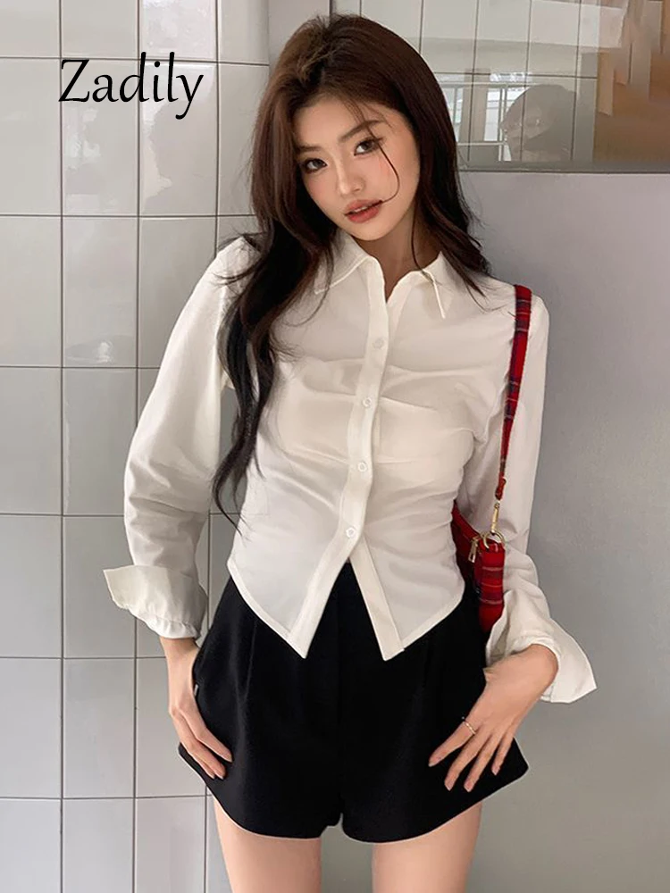 Zadily 2024 Spring Office Lady Women White Short Shirt Korea Style Long Sleeve Button Up Slim Work Blouse Woman Clothing Tops