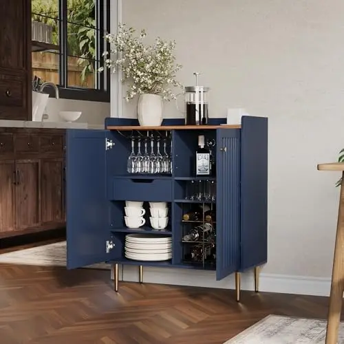 Modern 32 inch Wide Coffee Bar Cabinet with Wine Storage, Liquor Cabinet with Glass Holder & Grid Rack, Fluted