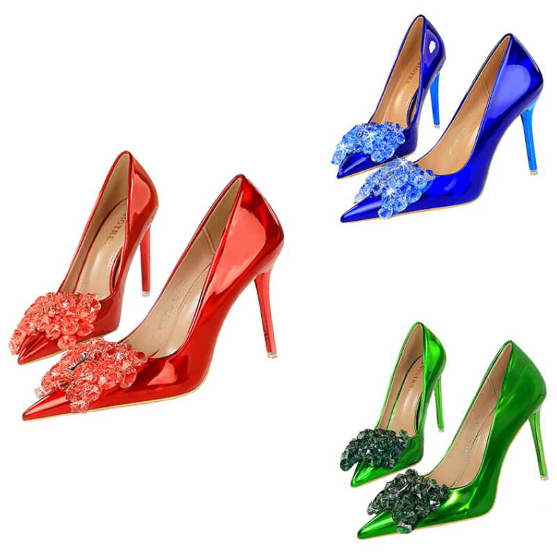 

Women 10.5cm High Heels Glossy Leather Drag Queen Banquet Dress Pumps Lady Luxury Crystal Bow Stiletto Blue Green Red Prom Shoes