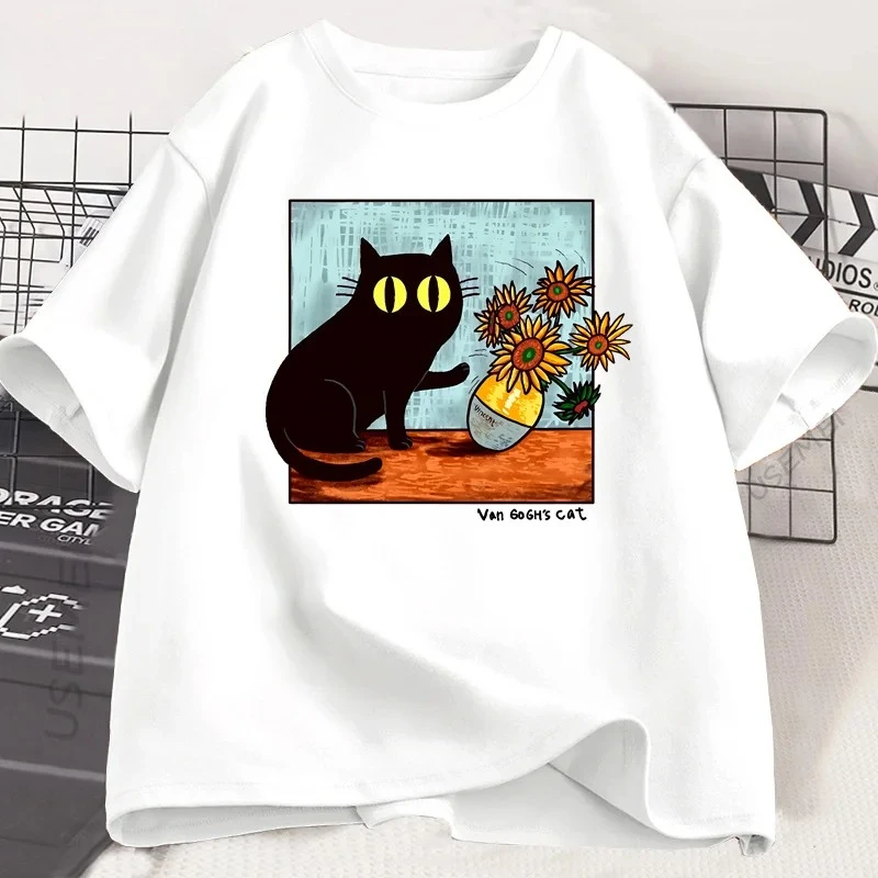 Van Gogh Cat Graphic T Shirts Men Women Flower Black Cat T-shirt Round Neck Short Sleeve Trendy Tee  Kawaii Women's Y2K Clothing
