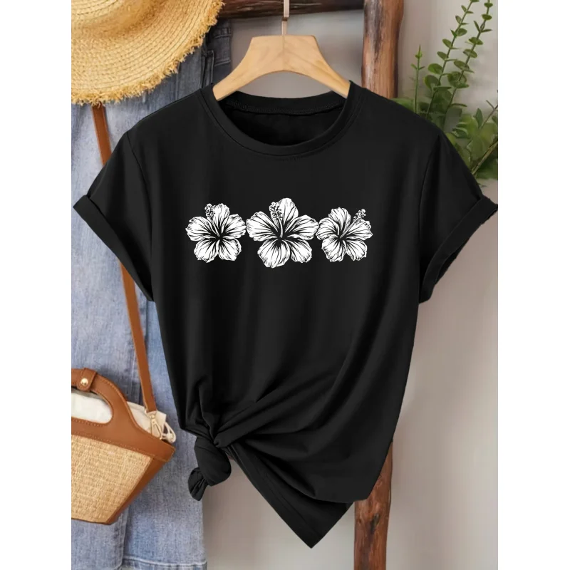 

Elegant Short-Sleeved Top Women Featuring a Hibiscus Flower Print, Suitable Spring And Summer. A Stylish