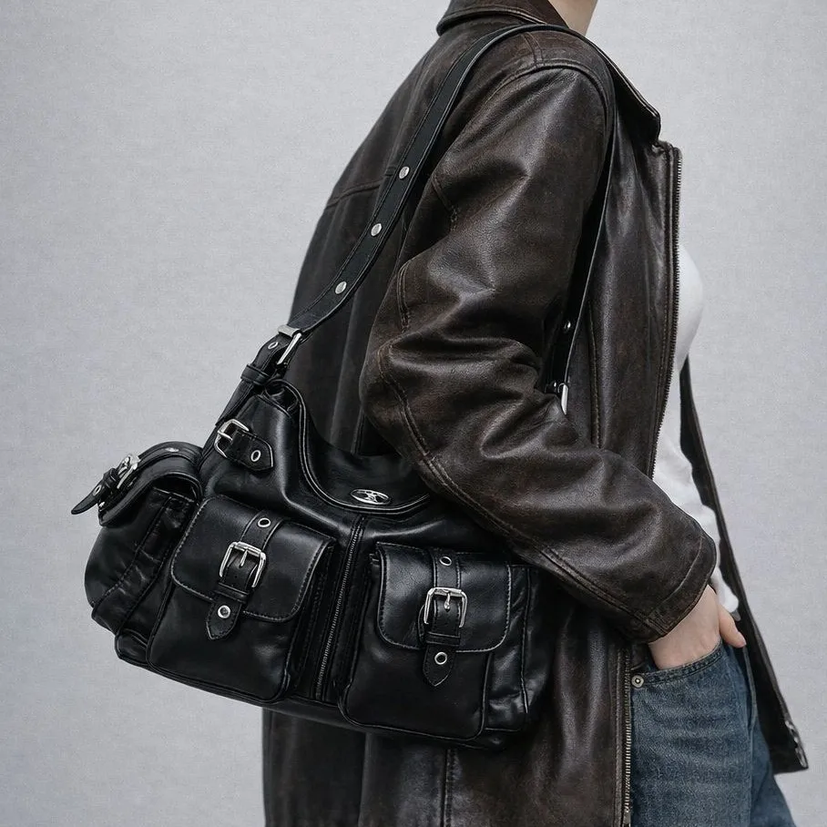 

Fashion Shoulder Bag for Women Spice Girls Moto-styled Handbag Street Hip Hop Female Armpit bag Multi-pocket Designer big totes