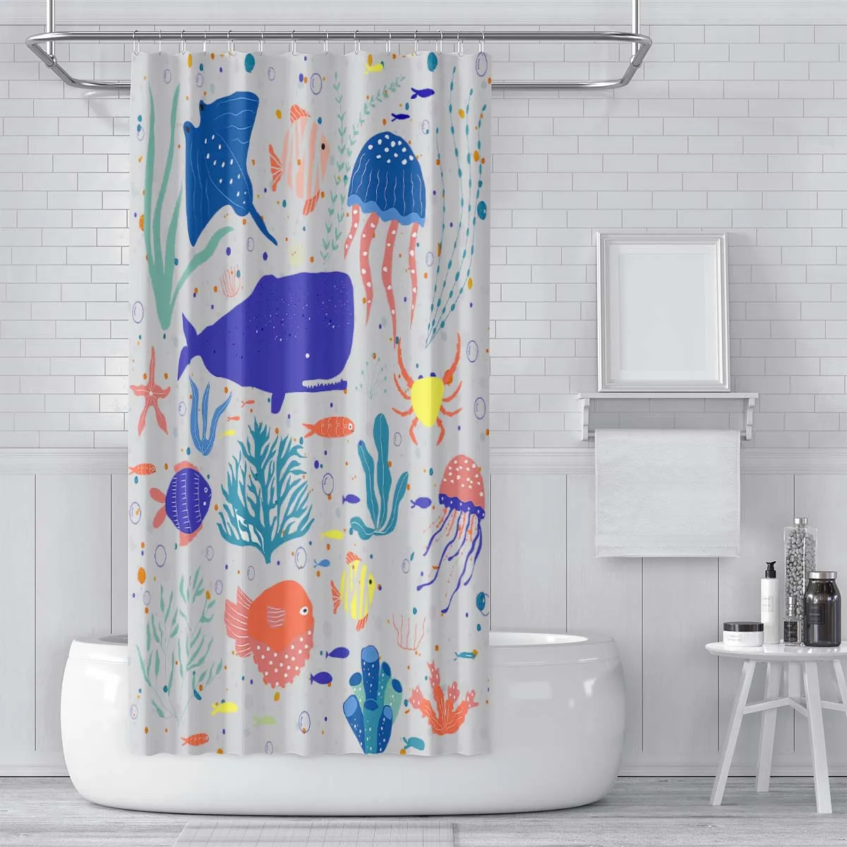 180x180cm bathroom waterproof polyester shower curtain, mold resistant, perforated with hooks, cartoon octopus, whale, manta ray