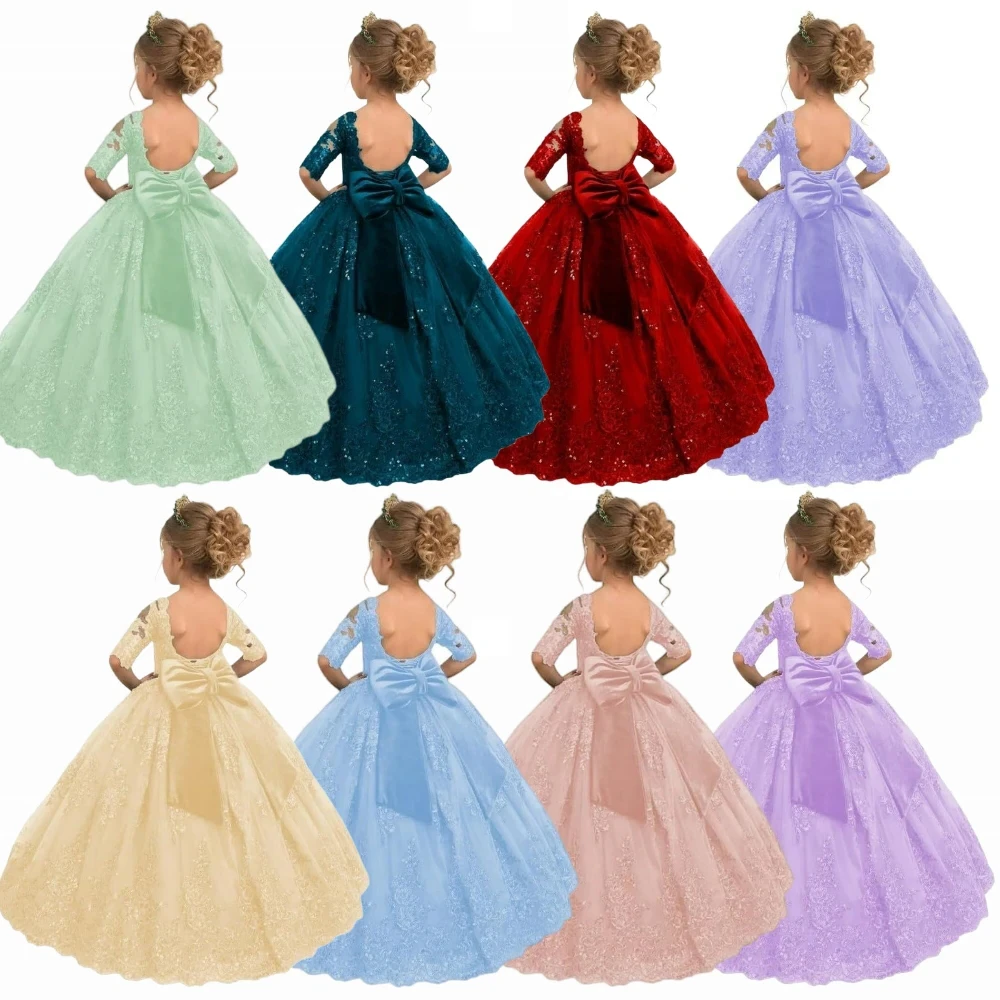 Flower Girl Dress Lovely Color Tulle Half Sleeve Sequin Bow Girl Princess Wedding Kids Birthday Gift Party First Communion Gowns